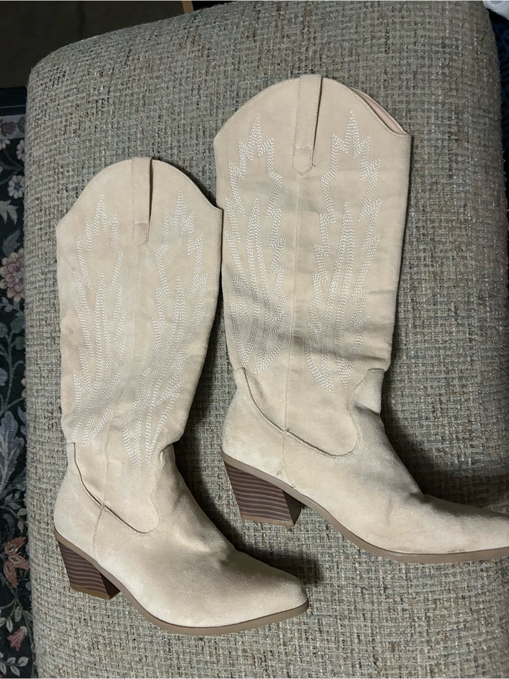 Classic Beige Suede Western Knee-High Boots